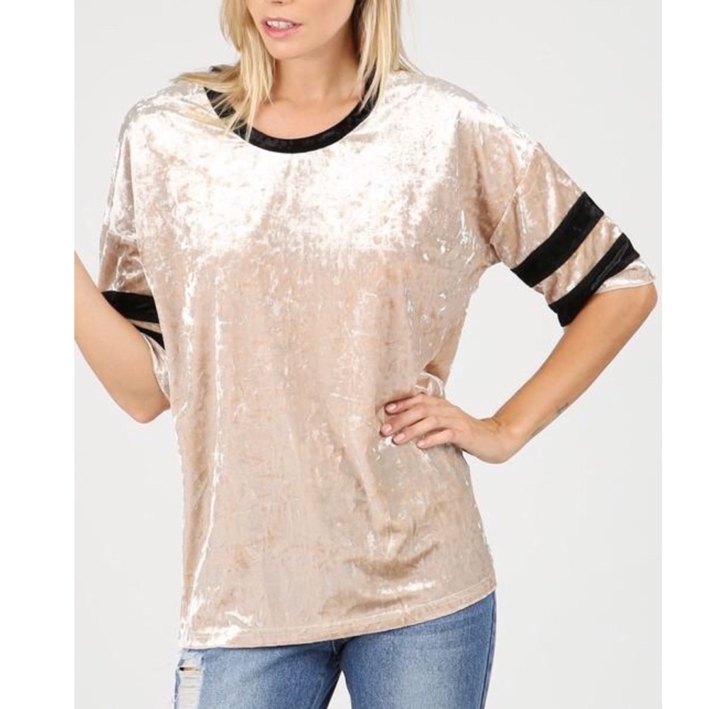 ❗️CLOSING SALE❗️ Beige Varsity stripe velvet tee - Picture 4 of 4